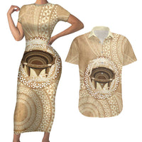 Tonga Skink Kava Bowl Couples Matching Short Sleeve Bodycon Dress and Hawaiian Shirt Vintage Tongan Ngatu Pattern LT14 Brown - Polynesian Pride