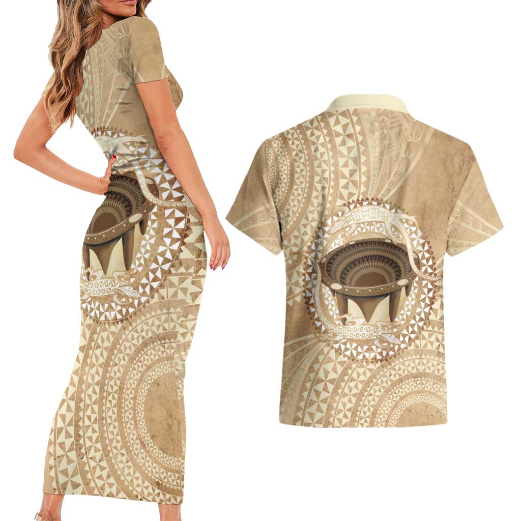 Tonga Skink Kava Bowl Couples Matching Short Sleeve Bodycon Dress and Hawaiian Shirt Vintage Tongan Ngatu Pattern LT14 - Polynesian Pride