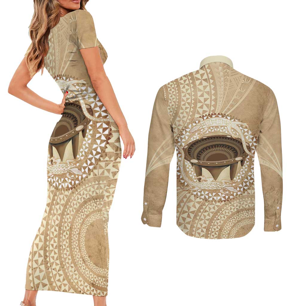 Tonga Skink Kava Bowl Couples Matching Short Sleeve Bodycon Dress and Long Sleeve Button Shirt Vintage Tongan Ngatu Pattern LT14 - Polynesian Pride
