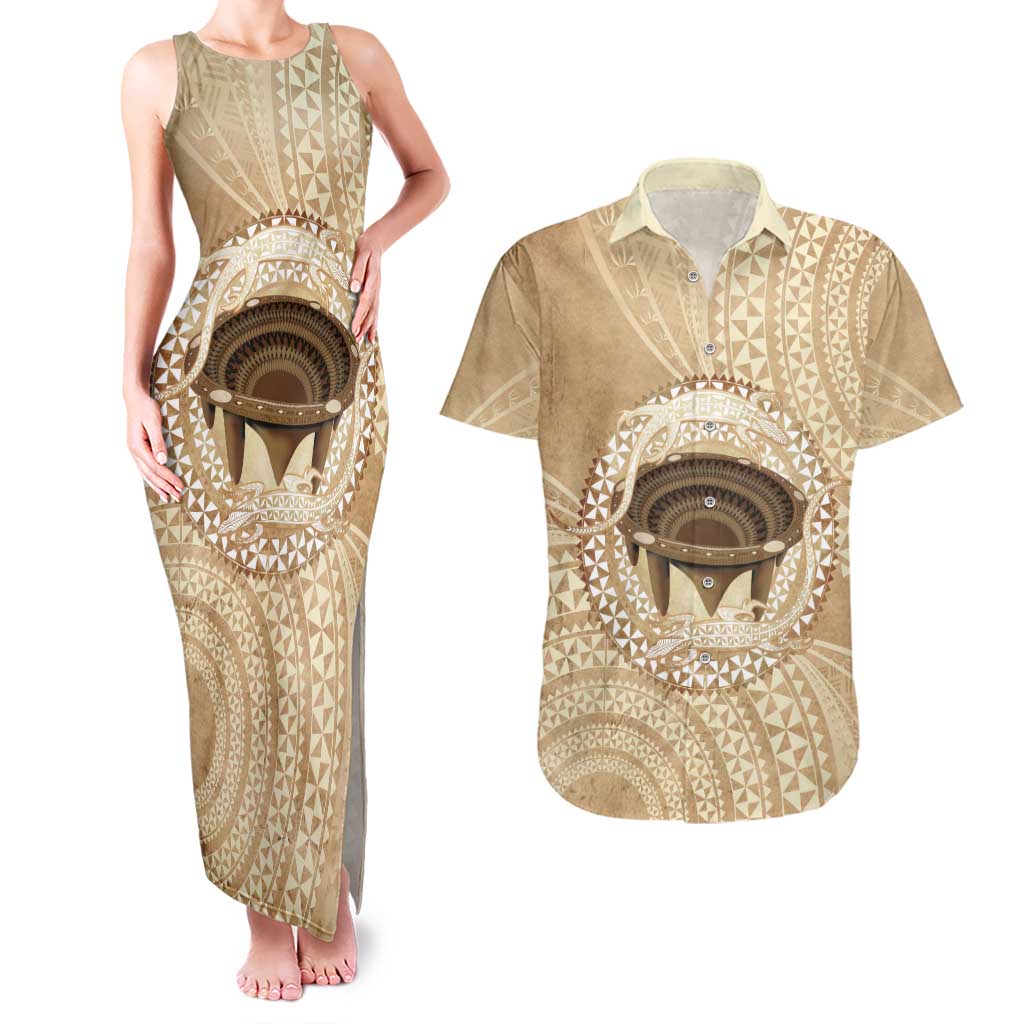 Tonga Skink Kava Bowl Couples Matching Tank Maxi Dress and Hawaiian Shirt Vintage Tongan Ngatu Pattern