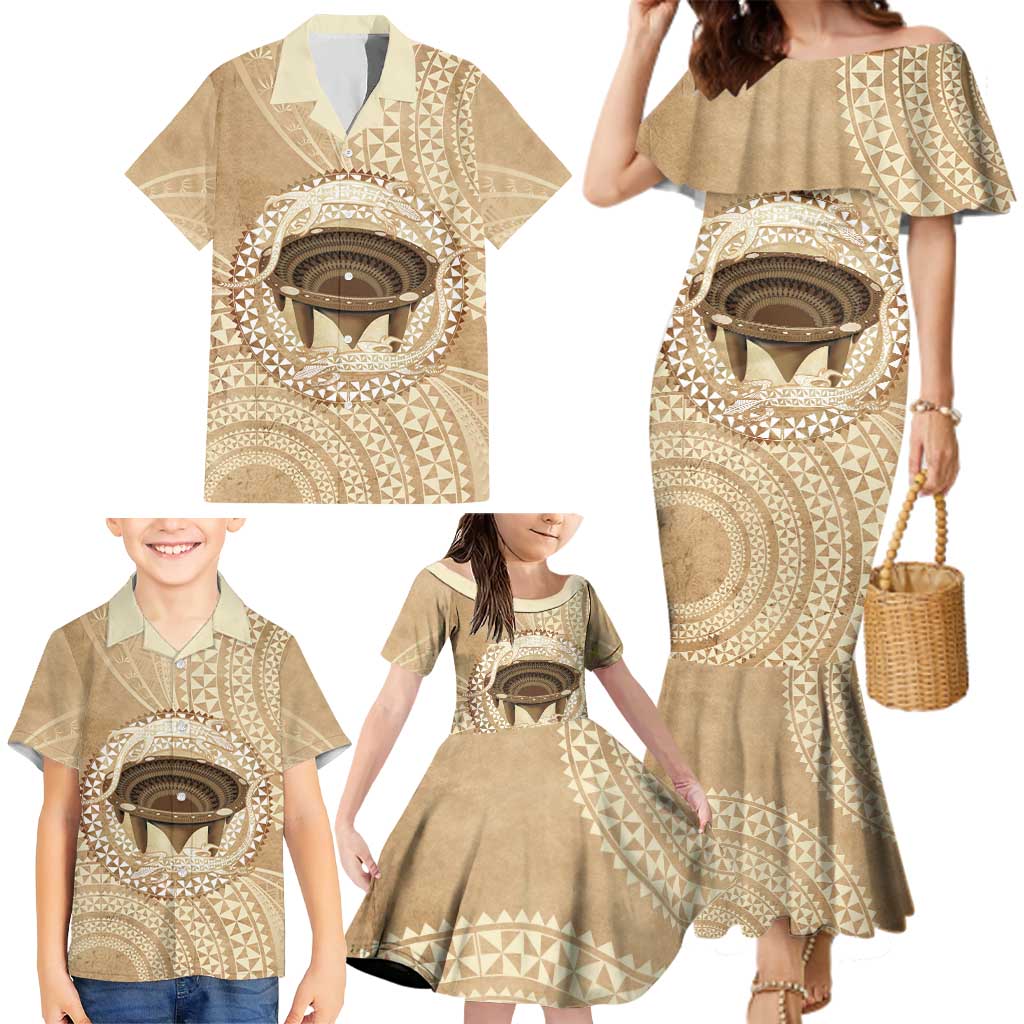 Tonga Skink Kava Bowl Family Matching Mermaid Dress and Hawaiian Shirt Vintage Tongan Ngatu Pattern