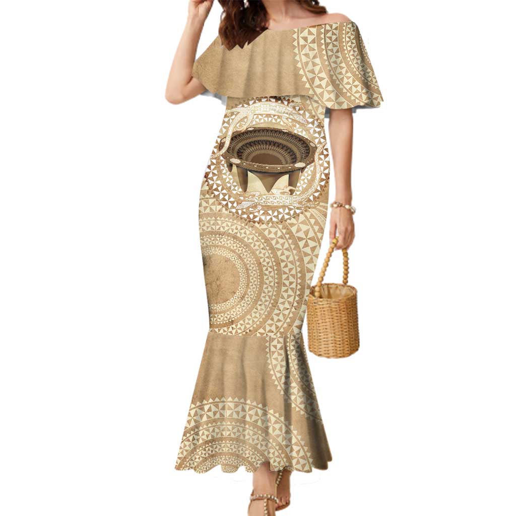 Tonga Skink Kava Bowl Family Matching Mermaid Dress and Hawaiian Shirt Vintage Tongan Ngatu Pattern LT14 Mom's Dress Brown - Polynesian Pride