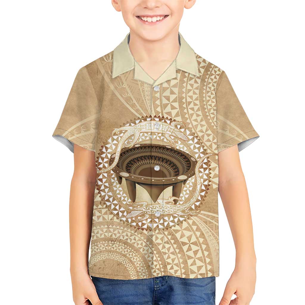 Tonga Skink Kava Bowl Family Matching Off The Shoulder Long Sleeve Dress and Hawaiian Shirt Vintage Tongan Ngatu Pattern LT14 Son's Shirt Brown - Polynesian Pride
