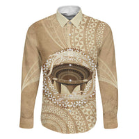Tonga Skink Kava Bowl Family Matching Puletasi and Hawaiian Shirt Vintage Tongan Ngatu Pattern LT14 Dad's Shirt - Long Sleeve Brown - Polynesian Pride