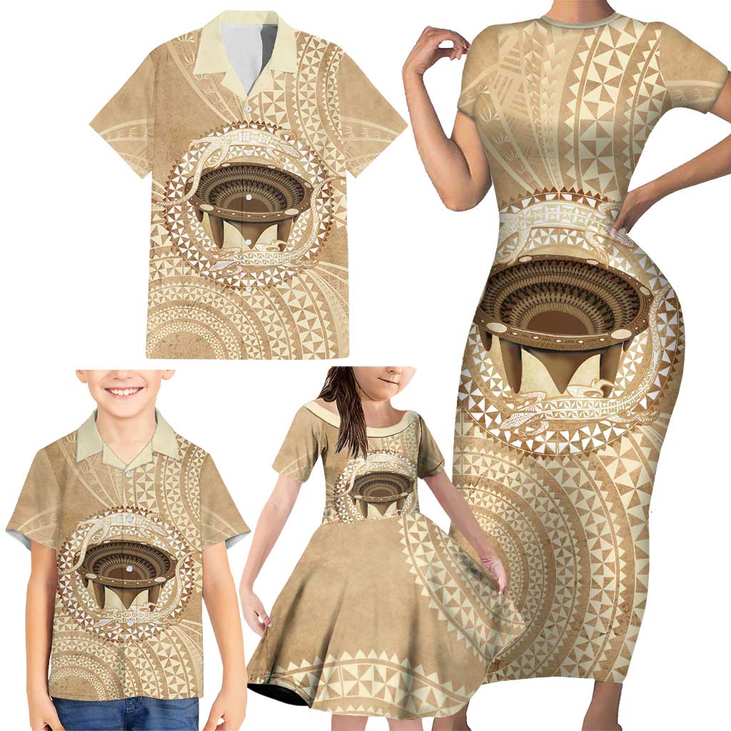 Tonga Skink Kava Bowl Family Matching Short Sleeve Bodycon Dress and Hawaiian Shirt Vintage Tongan Ngatu Pattern