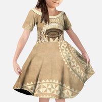 Tonga Skink Kava Bowl Kid Short Sleeve Dress Vintage Tongan Ngatu Pattern LT14 KID Brown - Polynesian Pride