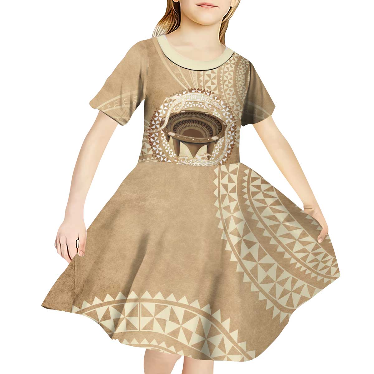 Tonga Skink Kava Bowl Kid Short Sleeve Dress Vintage Tongan Ngatu Pattern LT14 - Polynesian Pride
