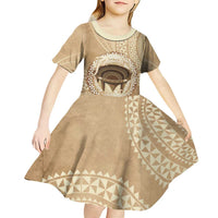 Tonga Skink Kava Bowl Kid Short Sleeve Dress Vintage Tongan Ngatu Pattern LT14 - Polynesian Pride