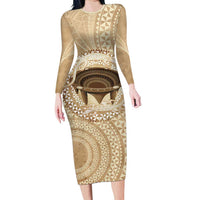 Tonga Skink Kava Bowl Long Sleeve Bodycon Dress Vintage Tongan Ngatu Pattern LT14 Long Dress Brown - Polynesian Pride
