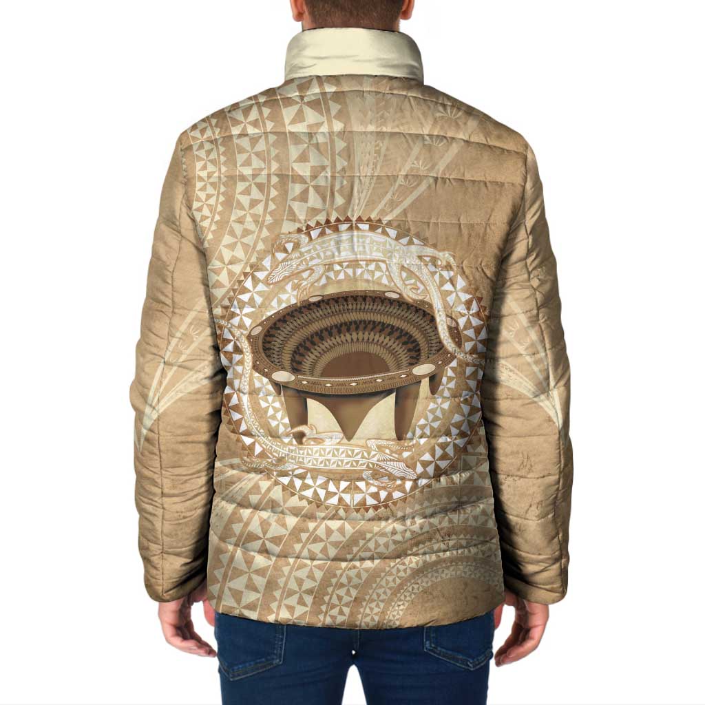 Tonga Skink Kava Bowl Padded Jacket Vintage Tongan Ngatu Pattern