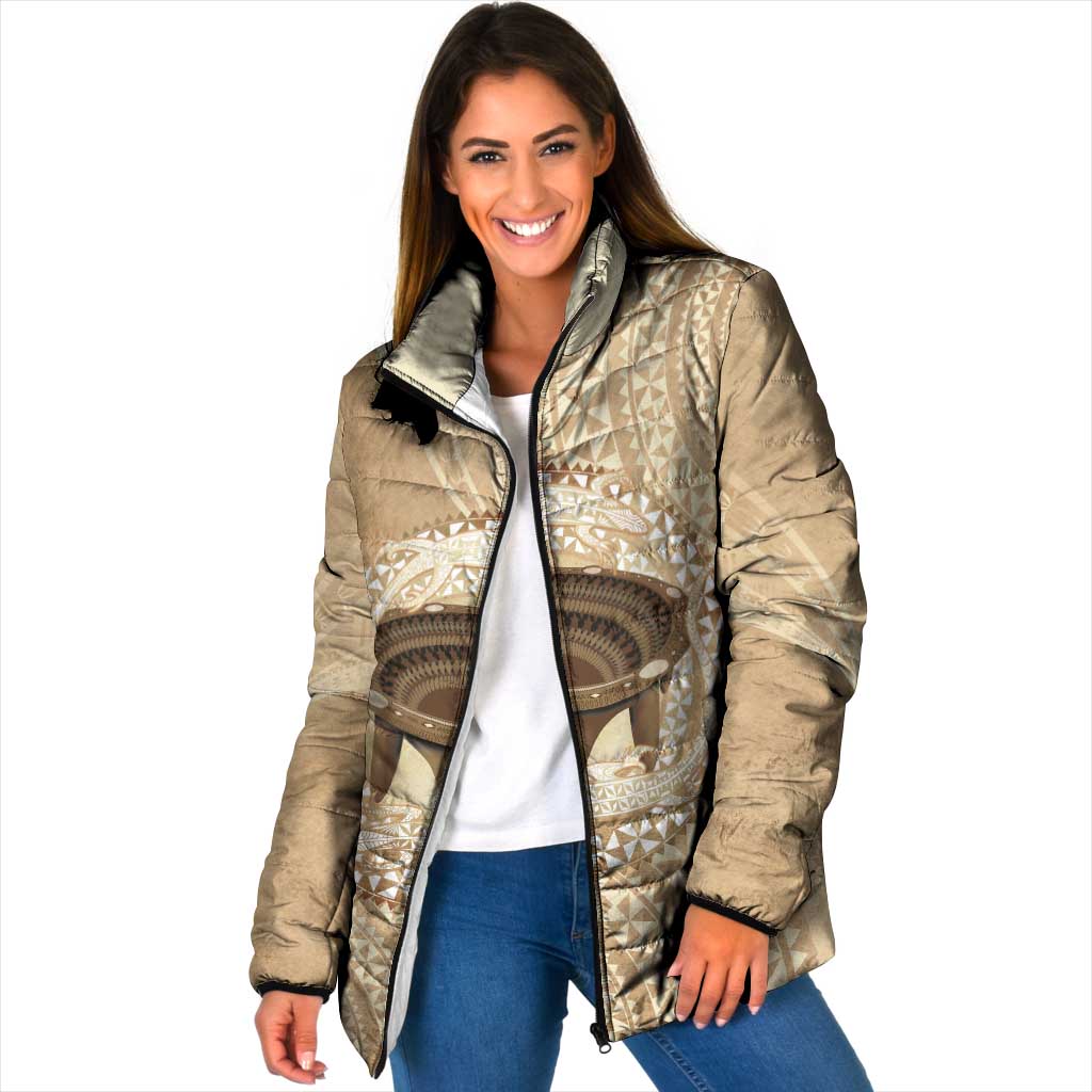 Tonga Skink Kava Bowl Padded Jacket Vintage Tongan Ngatu Pattern