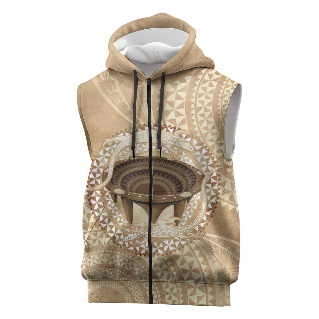 Tonga Skink Kava Bowl Sleeveless Zip Hoodie Vintage Tongan Ngatu Pattern LT14 Brown - Polynesian Pride
