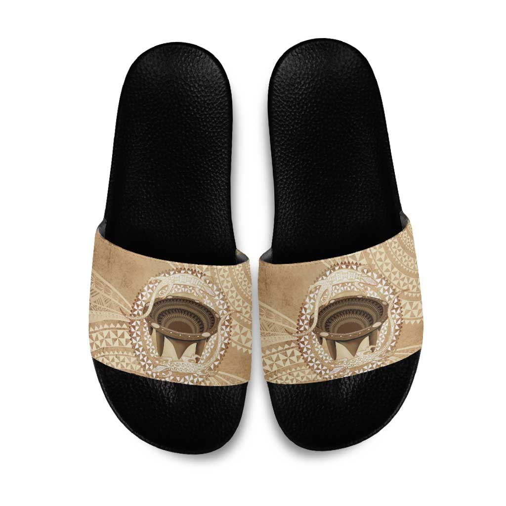 Tonga Skink Kava Bowl Slide Sandals Vintage Tongan Ngatu Pattern