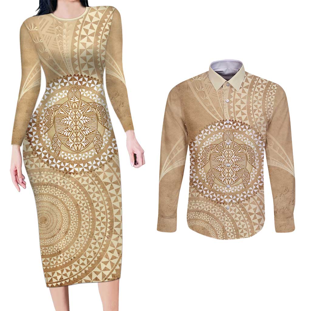 Tonga Ngatu Turtle Couples Matching Long Sleeve Bodycon Dress and Long Sleeve Button Shirt Vintage Tongan Tapa Cloth LT14 Brown - Polynesian Pride