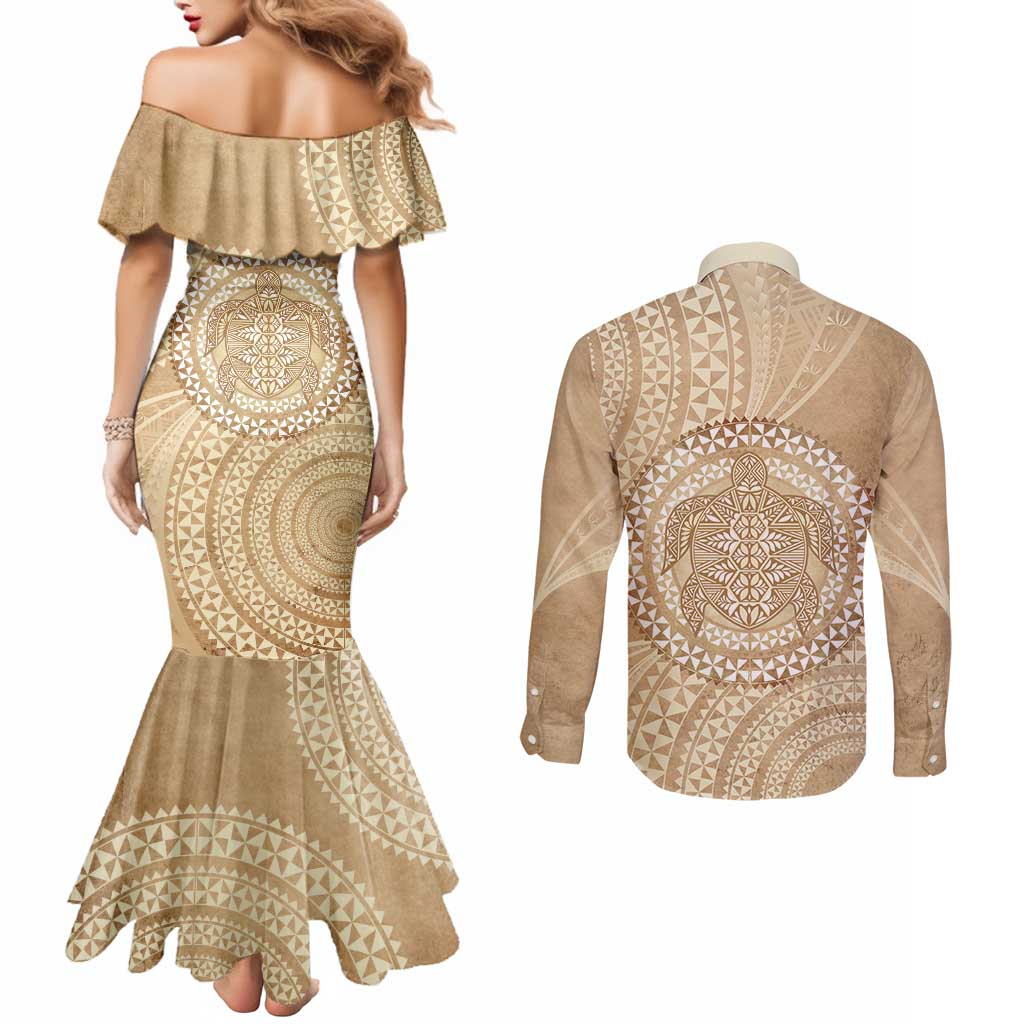 Tonga Ngatu Turtle Couples Matching Mermaid Dress and Long Sleeve Button Shirt Vintage Tongan Tapa Cloth LT14 - Polynesian Pride