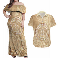 Tonga Ngatu Turtle Couples Matching Off Shoulder Maxi Dress and Hawaiian Shirt Vintage Tongan Tapa Cloth LT14 Brown - Polynesian Pride