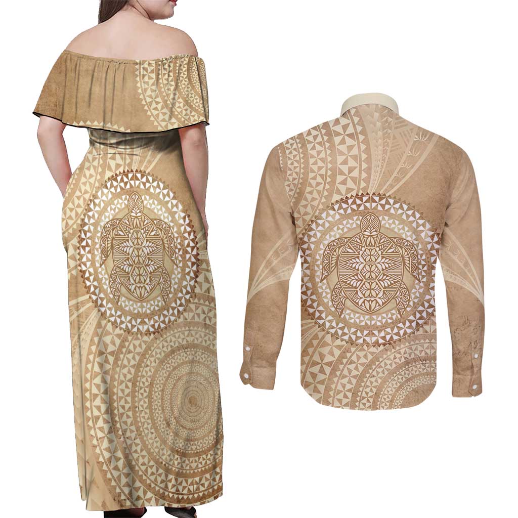 Tonga Ngatu Turtle Couples Matching Off Shoulder Maxi Dress and Long Sleeve Button Shirt Vintage Tongan Tapa Cloth LT14 - Polynesian Pride