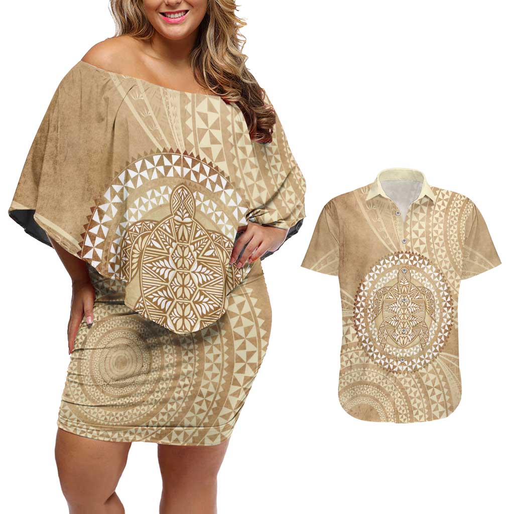 Tonga Ngatu Turtle Couples Matching Off Shoulder Short Dress and Hawaiian Shirt Vintage Tongan Tapa Cloth LT14 Brown - Polynesian Pride
