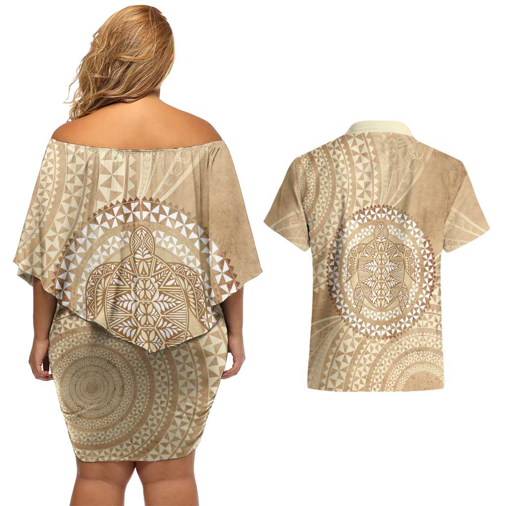Tonga Ngatu Turtle Couples Matching Off Shoulder Short Dress and Hawaiian Shirt Vintage Tongan Tapa Cloth LT14 - Polynesian Pride