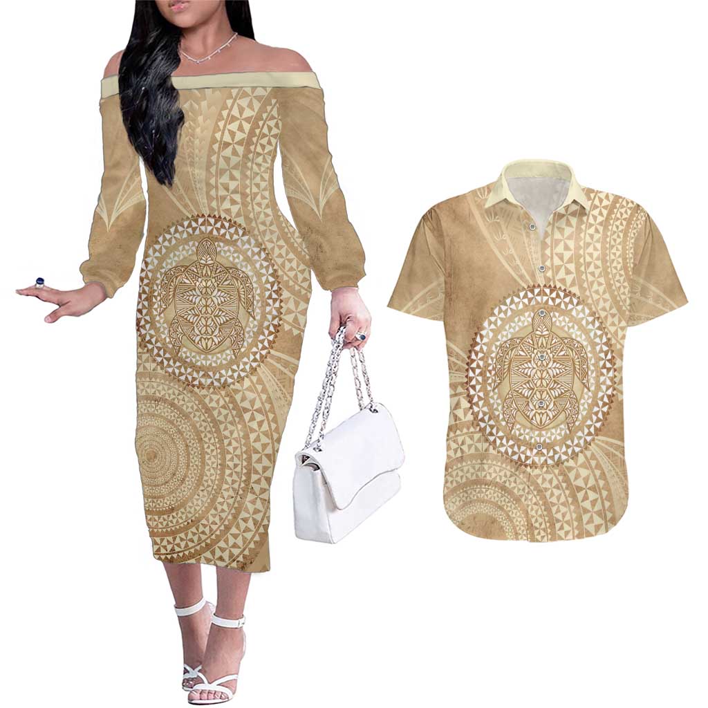 Tonga Ngatu Turtle Couples Matching Off The Shoulder Long Sleeve Dress and Hawaiian Shirt Vintage Tongan Tapa Cloth LT14 Brown - Polynesian Pride