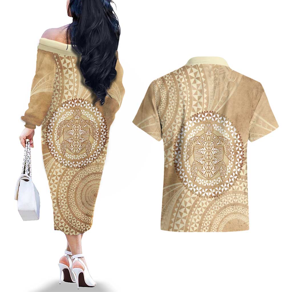 Tonga Ngatu Turtle Couples Matching Off The Shoulder Long Sleeve Dress and Hawaiian Shirt Vintage Tongan Tapa Cloth LT14 - Polynesian Pride