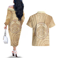 Tonga Ngatu Turtle Couples Matching Off The Shoulder Long Sleeve Dress and Hawaiian Shirt Vintage Tongan Tapa Cloth LT14 - Polynesian Pride