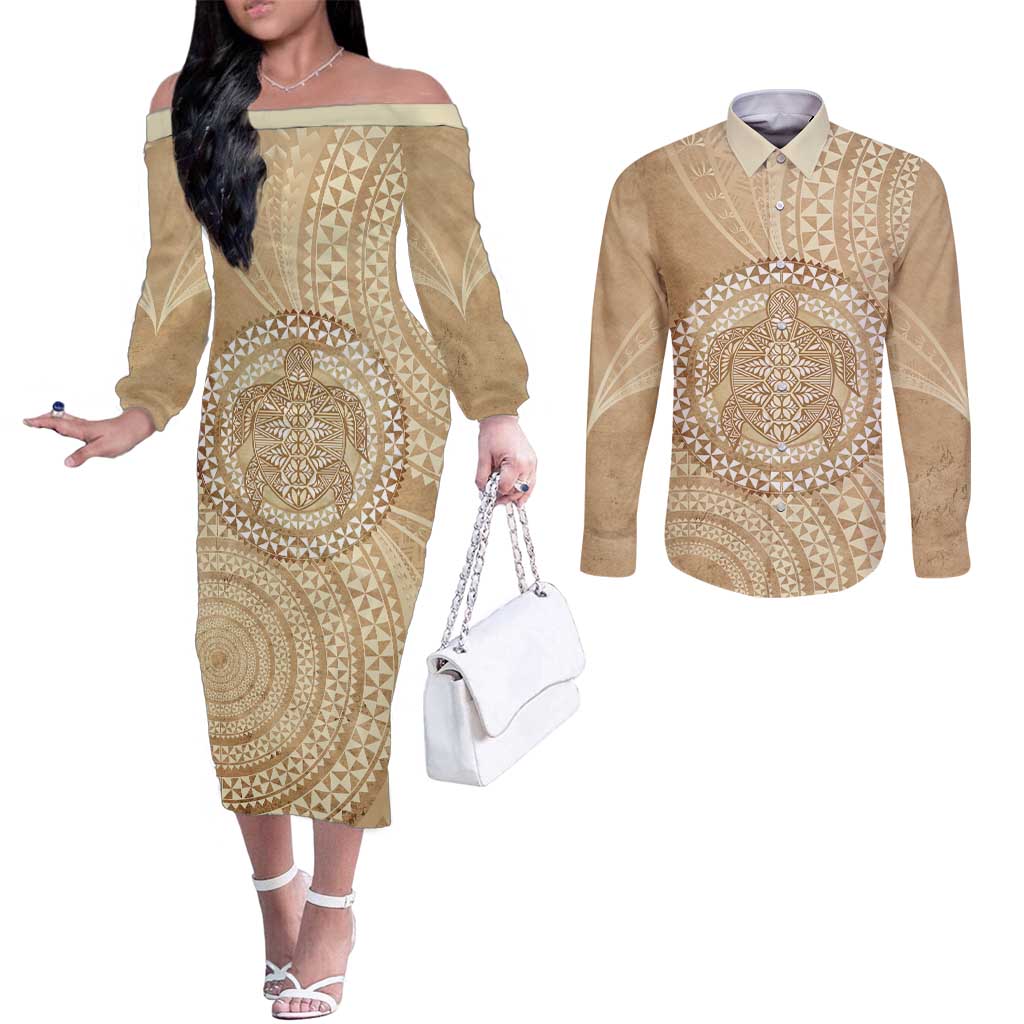 Tonga Ngatu Turtle Couples Matching Off The Shoulder Long Sleeve Dress and Long Sleeve Button Shirt Vintage Tongan Tapa Cloth LT14 Brown - Polynesian Pride