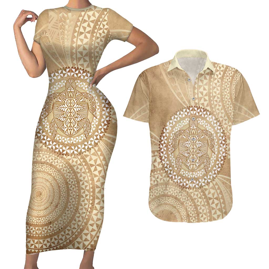 Tonga Ngatu Turtle Couples Matching Short Sleeve Bodycon Dress and Hawaiian Shirt Vintage Tongan Tapa Cloth LT14 Brown - Polynesian Pride