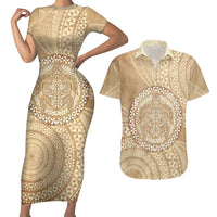 Tonga Ngatu Turtle Couples Matching Short Sleeve Bodycon Dress and Hawaiian Shirt Vintage Tongan Tapa Cloth LT14 Brown - Polynesian Pride