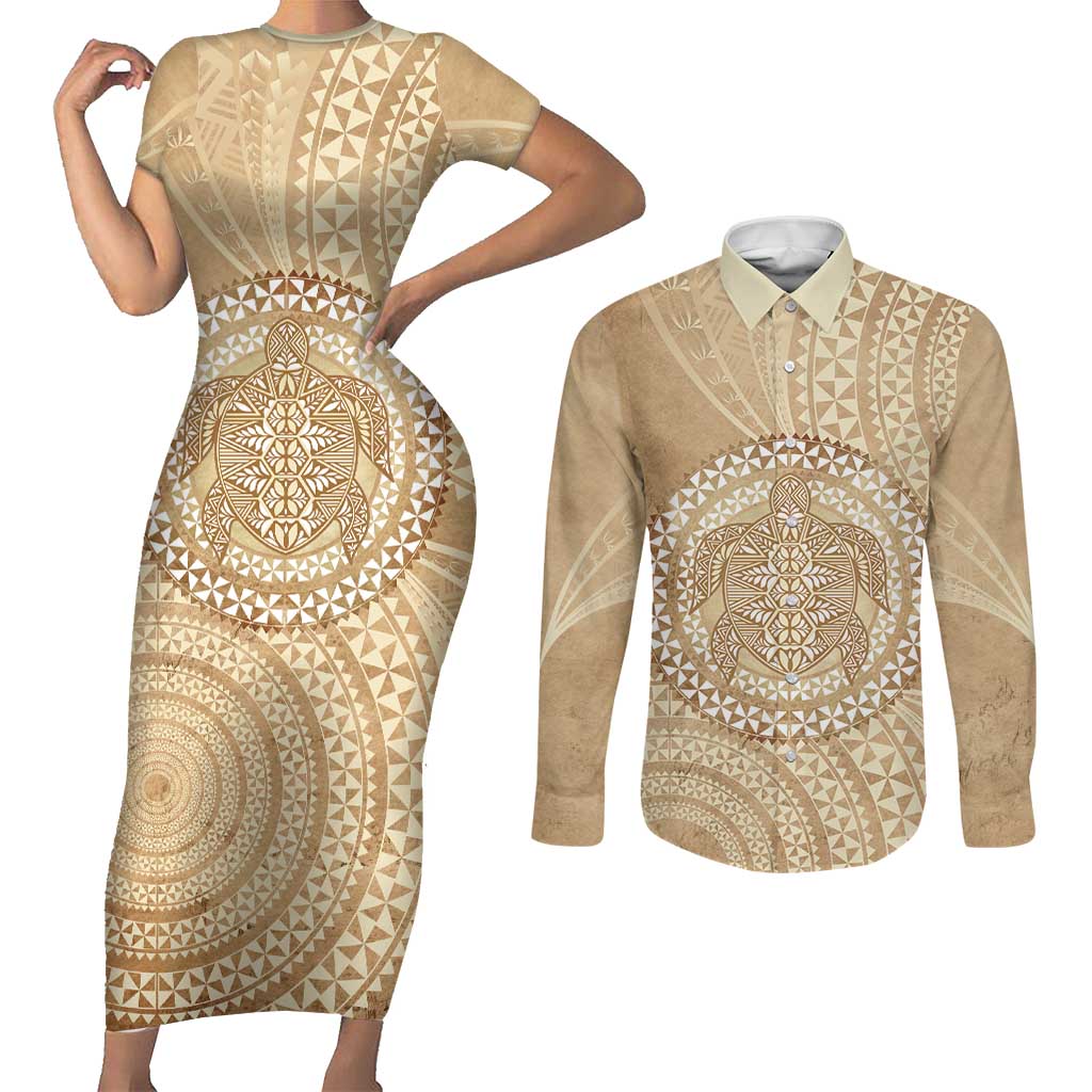 Tonga Ngatu Turtle Couples Matching Short Sleeve Bodycon Dress and Long Sleeve Button Shirt Vintage Tongan Tapa Cloth