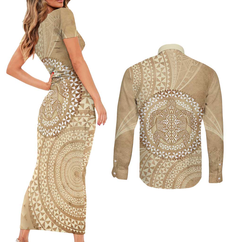 Tonga Ngatu Turtle Couples Matching Short Sleeve Bodycon Dress and Long Sleeve Button Shirt Vintage Tongan Tapa Cloth LT14 - Polynesian Pride