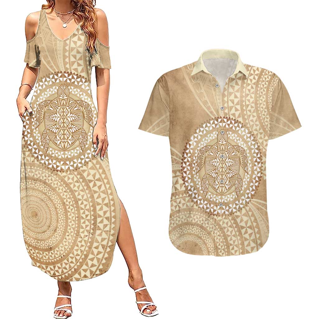 Tonga Ngatu Turtle Couples Matching Summer Maxi Dress and Hawaiian Shirt Vintage Tongan Tapa Cloth LT14 Brown - Polynesian Pride