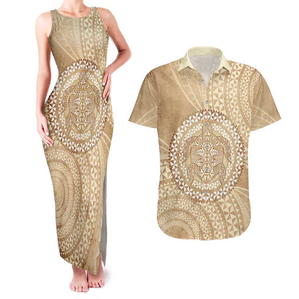 Tonga Ngatu Turtle Couples Matching Tank Maxi Dress and Hawaiian Shirt Vintage Tongan Tapa Cloth LT14 Brown - Polynesian Pride