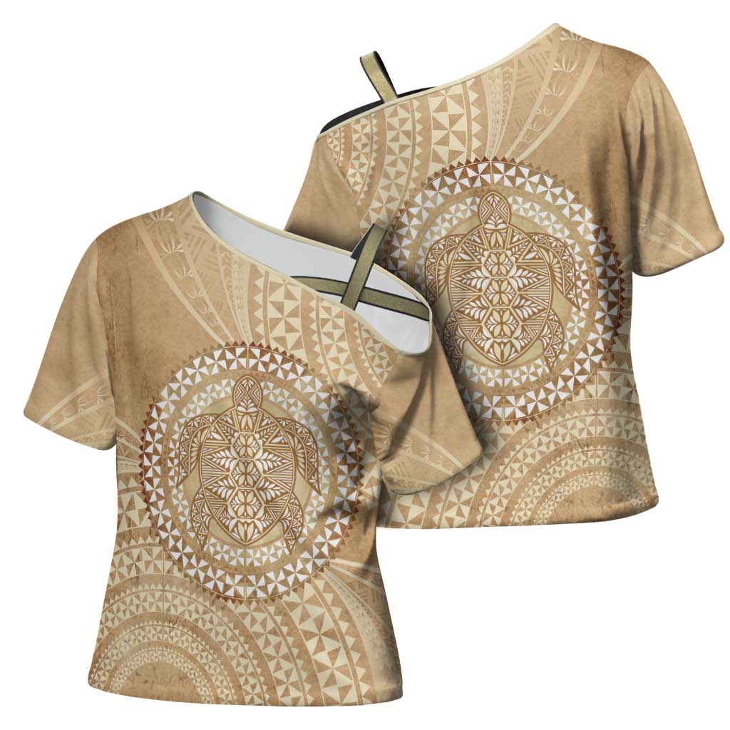 Tonga Ngatu Turtle Cross Shoulder Shirt Vintage Tongan Tapa Cloth LT14 - Polynesian Pride