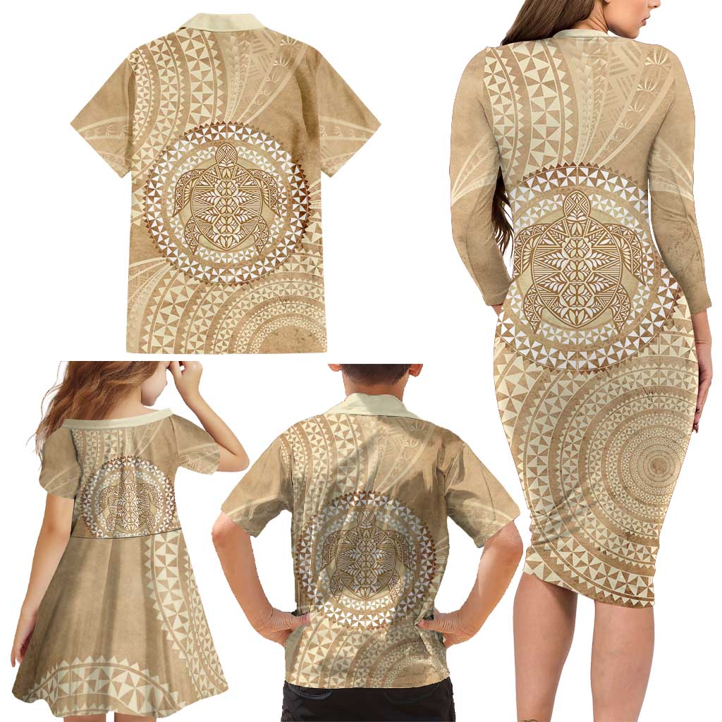Tonga Ngatu Turtle Family Matching Long Sleeve Bodycon Dress and Hawaiian Shirt Vintage Tongan Tapa Cloth LT14 - Polynesian Pride