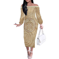 Tonga Ngatu Turtle Family Matching Off The Shoulder Long Sleeve Dress and Hawaiian Shirt Vintage Tongan Tapa Cloth LT14 Mom's Dress Brown - Polynesian Pride