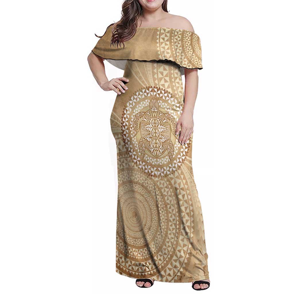 Tonga Ngatu Turtle Family Matching Off Shoulder Maxi Dress and Hawaiian Shirt Vintage Tongan Tapa Cloth LT14 Mom's Dress Brown - Polynesian Pride
