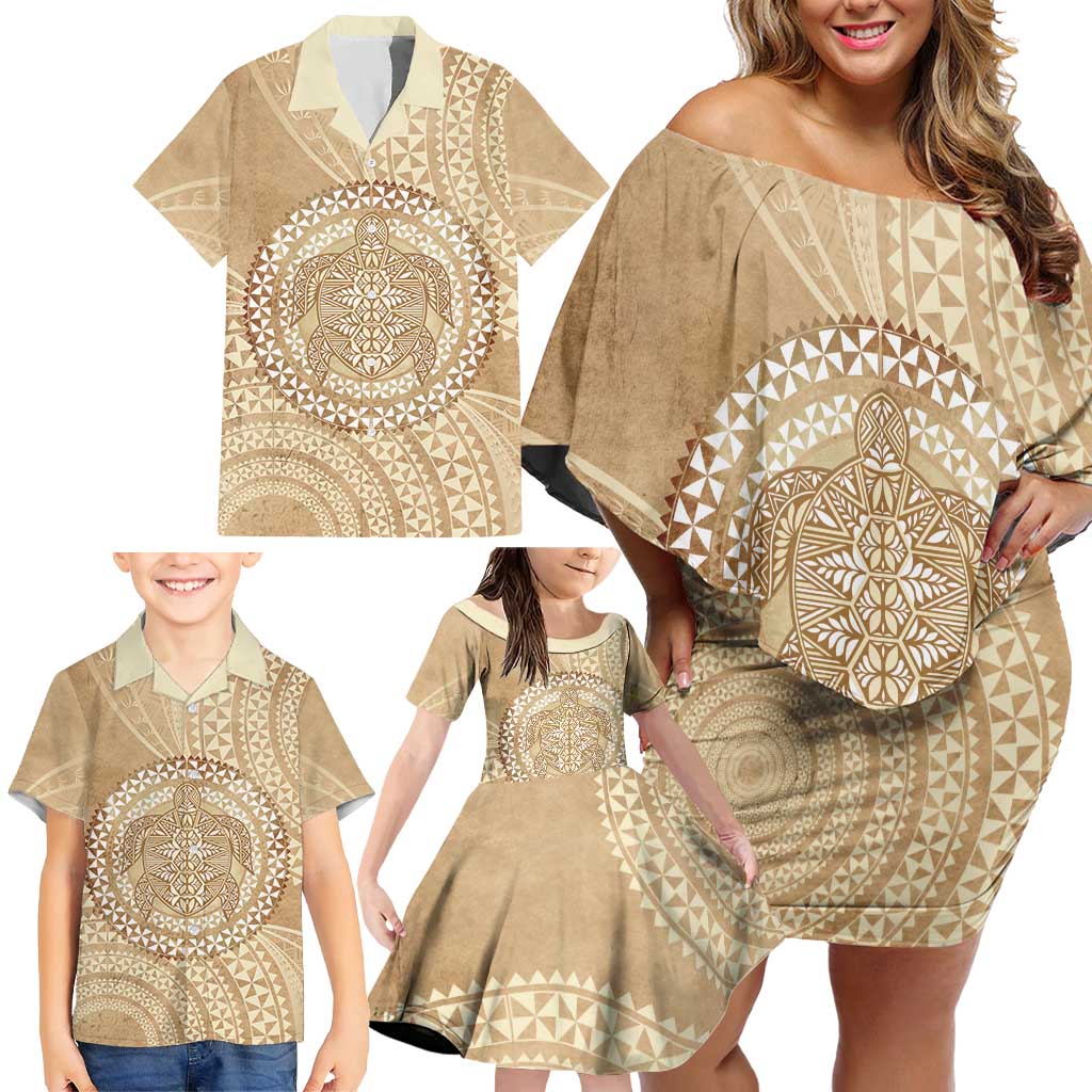 Tonga Ngatu Turtle Family Matching Off Shoulder Short Dress and Hawaiian Shirt Vintage Tongan Tapa Cloth LT14 - Polynesian Pride
