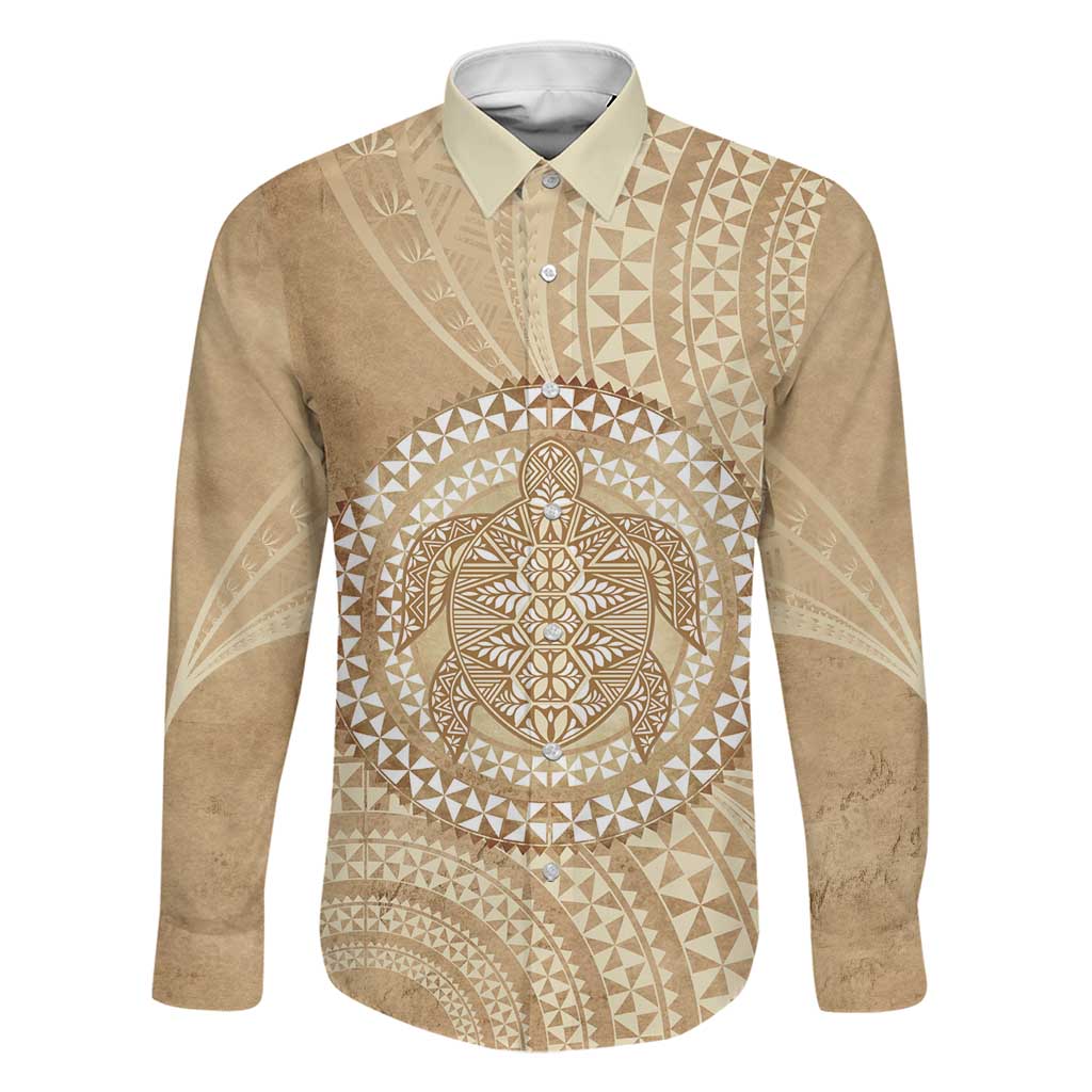 Tonga Ngatu Turtle Family Matching Off Shoulder Short Dress and Hawaiian Shirt Vintage Tongan Tapa Cloth LT14 Dad's Shirt - Long Sleeve Brown - Polynesian Pride