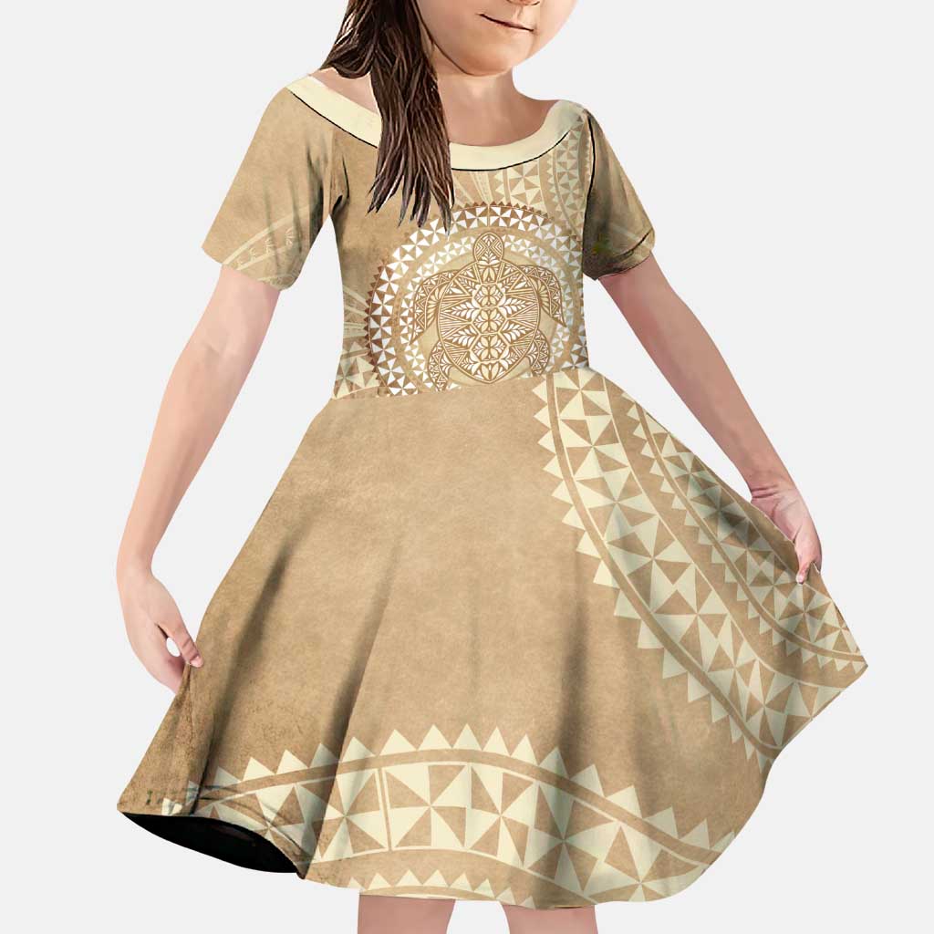 Tonga Ngatu Turtle Family Matching Summer Maxi Dress and Hawaiian Shirt Vintage Tongan Tapa Cloth LT14 Daughter's Dress Brown - Polynesian Pride