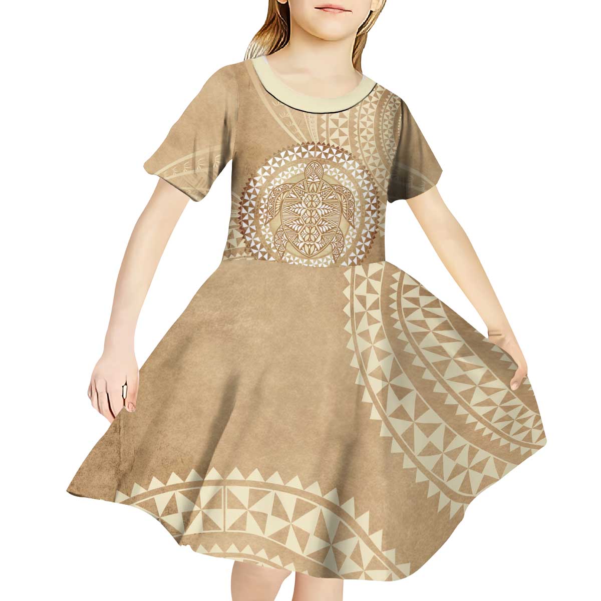 Tonga Ngatu Turtle Kid Short Sleeve Dress Vintage Tongan Tapa Cloth