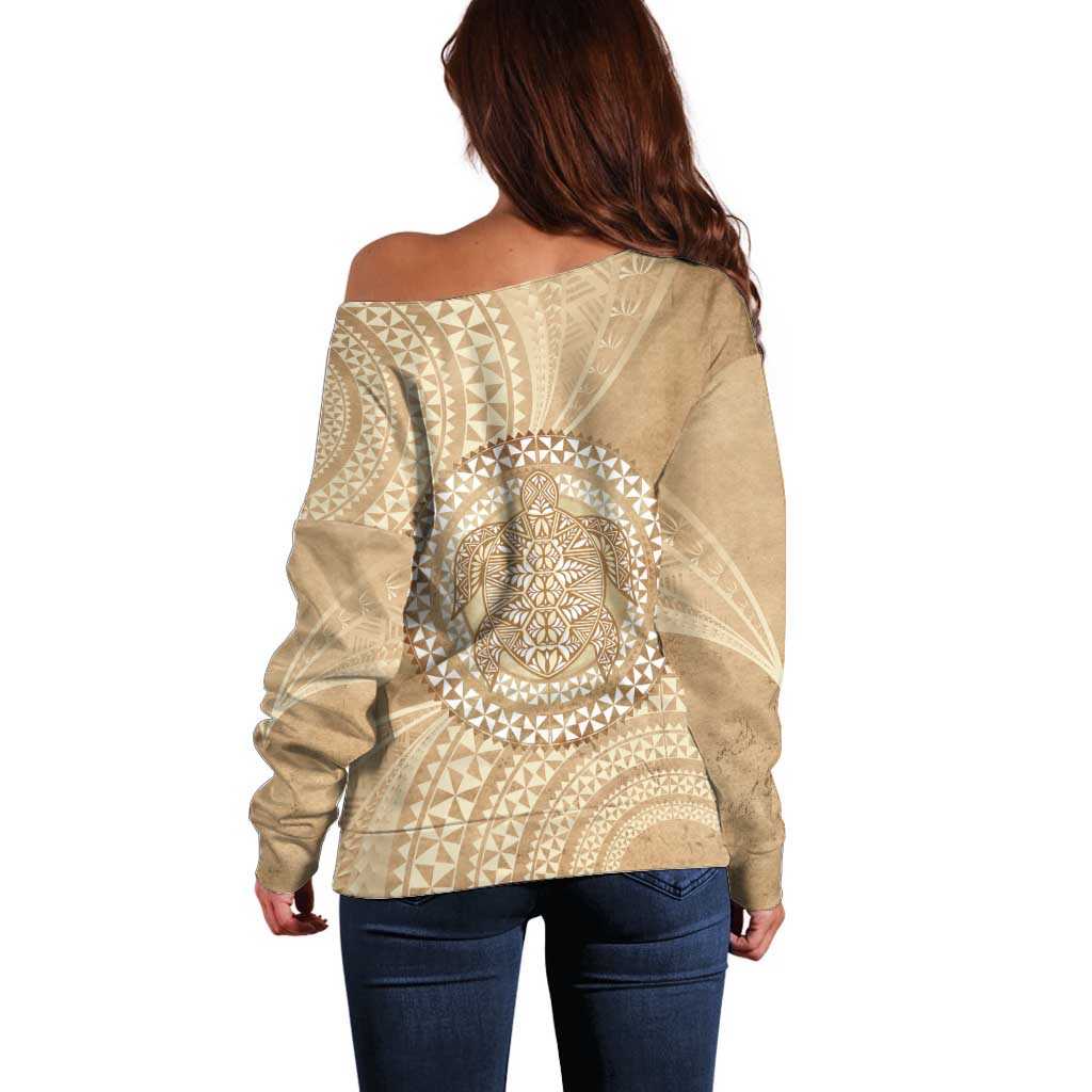Tonga Ngatu Turtle Off Shoulder Sweater Vintage Tongan Tapa Cloth