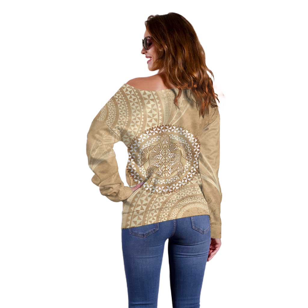 Tonga Ngatu Turtle Off Shoulder Sweater Vintage Tongan Tapa Cloth