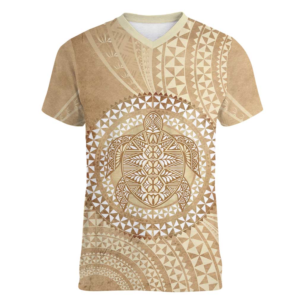 Tonga Ngatu Turtle Women V-Neck T-Shirt Vintage Tongan Tapa Cloth LT14 Female Brown - Polynesian Pride
