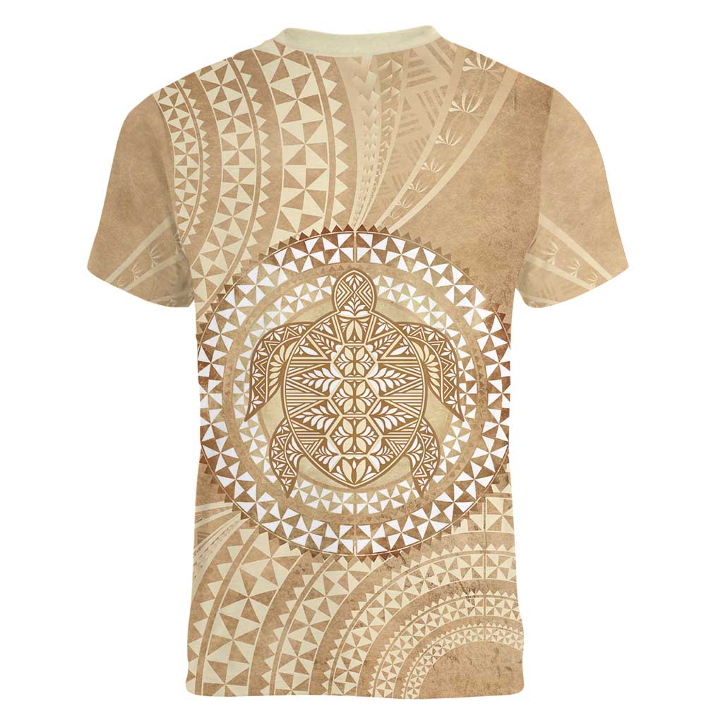 Tonga Ngatu Turtle Women V-Neck T-Shirt Vintage Tongan Tapa Cloth LT14 - Polynesian Pride