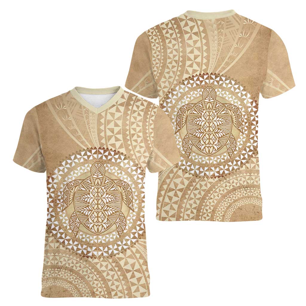 Tonga Ngatu Turtle Women V-Neck T-Shirt Vintage Tongan Tapa Cloth LT14 - Polynesian Pride