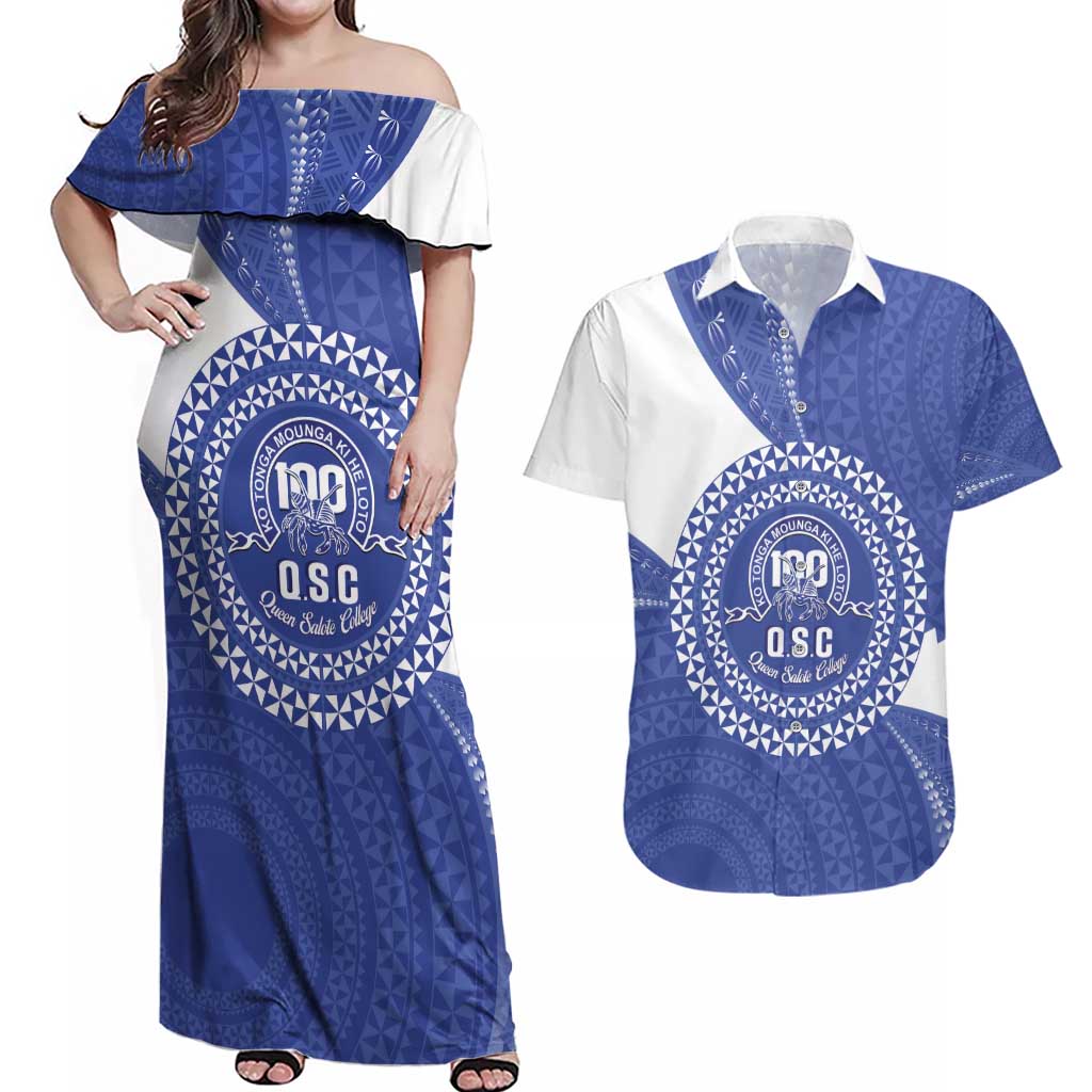 Queen Salote College 100th Anniversary Personalized Couples Matching Off Shoulder Maxi Dress and Hawaiian Shirt Est 1926 Kolisi Fefine Tongan Ngatu Pattern