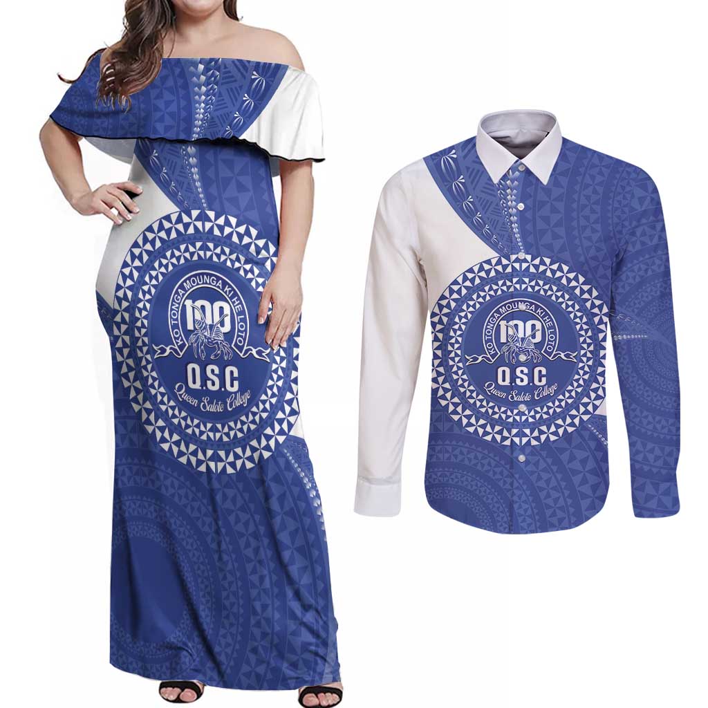 Queen Salote College 100th Anniversary Personalized Couples Matching Off Shoulder Maxi Dress and Long Sleeve Button Shirt Est 1926 Kolisi Fefine Tongan Ngatu Pattern