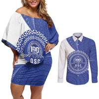 Queen Salote College 100th Anniversary Personalized Couples Matching Off Shoulder Short Dress and Long Sleeve Button Shirt Est 1926 Kolisi Fefine Tongan Ngatu Pattern LT14 Blue - Polynesian Pride