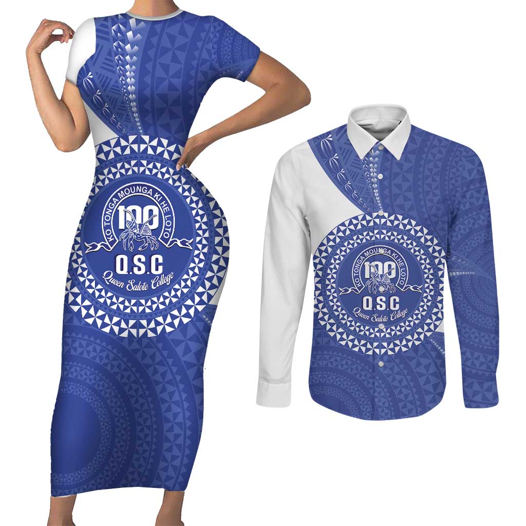 Queen Salote College 100th Anniversary Personalized Couples Matching Short Sleeve Bodycon Dress and Long Sleeve Button Shirt Est 1926 Kolisi Fefine Tongan Ngatu Pattern LT14 Blue - Polynesian Pride